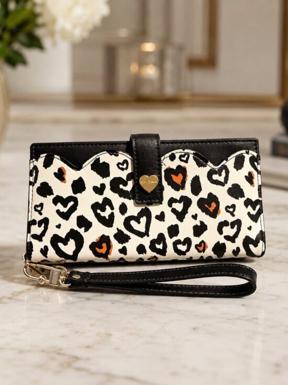 Betsey Johnson Leopard Heart Print Wristlet Wallet Detachable Strap NWT